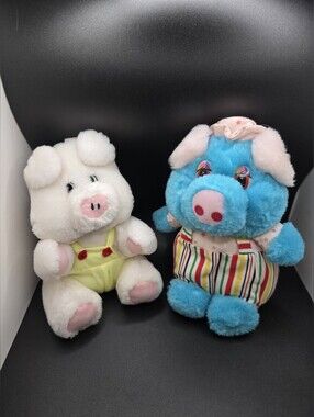 Vintage Plush Pig Pair - White & Blue with Pastel Accents